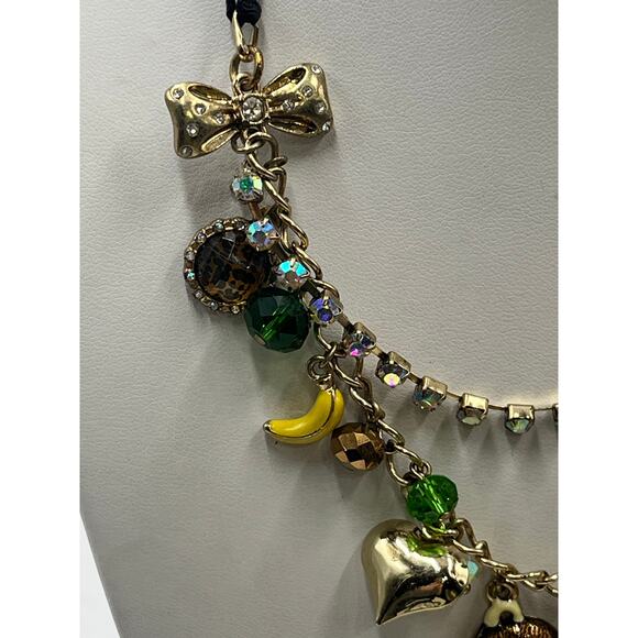 Betsey Johnson Two Strand Jungle Fever Enameled Monkey Crystal Charm Necklace - Picture 3 of 12